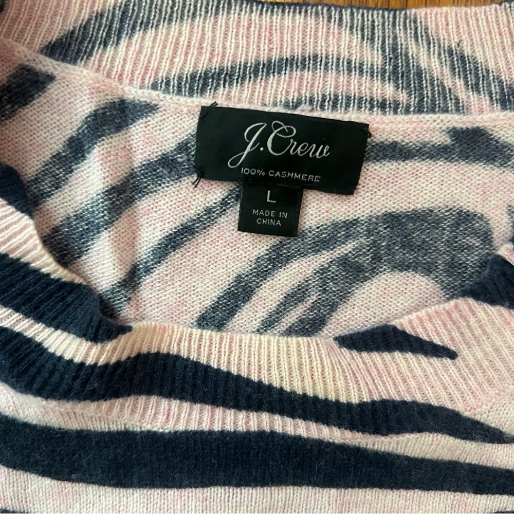 J. Crew cashmere sweater zebra animal print tan pink lot of 2 L large EUC - Picture 3 of 3